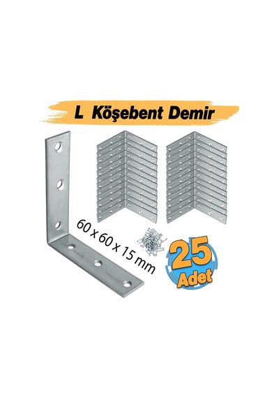 Mobilya Dolap Duvar Sabitleme 25 Adet Metal Köşebent 60x60x15 Mm Bağlantı Aparatı L Demiri Gönye 2 Adet Beyaz Kapı Stoperi Model