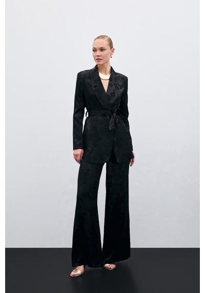 Sateen Bol Paça Desenli Pantolon - Siyah-135710 Siyah