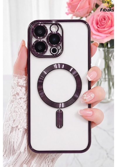 Fibaks iPhone 14 Pro Max Uyumlu Kılıf Kamera Lens Korumalı Magsafe Şarj Kilifi Şeffaf Renkli Yumuşak Kapak Mor