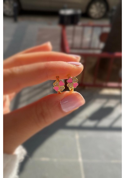 Gümüş Pembe Mineli Yonca Çocuk Küpesi Diğer