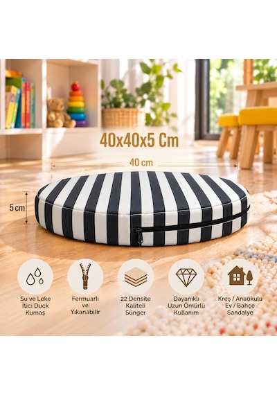 Kreş Anaokulu Yuvarlak Oyun Minderi Aktivite Minderi 40x40x5 Cm - Sandalye Minderi - Bahçe Dekor Minderi Yuvarlak Minder Siyah - Beyaz