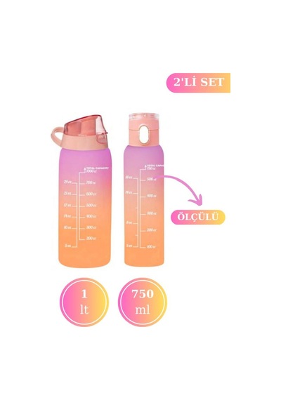 Flosoft Okul Ve Sporcu Matarası Suluk, Motivasyonel Su Şişesi 2 Li Set Turuncu 1000Ml+750 Ml