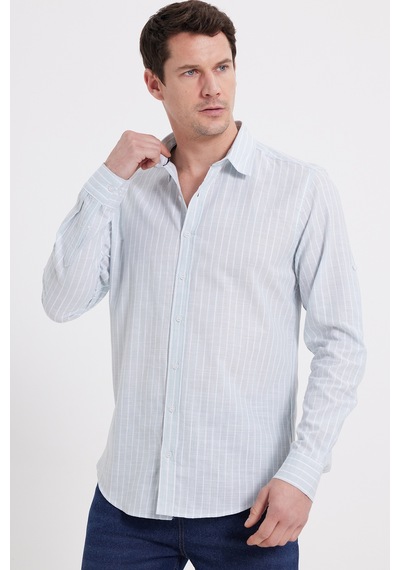 Tudors Erkek Slim Fit Dar Kesim Uzun Kollu %100 Pamuk Keten Doku Çizgili Gömlek-42654 Mint