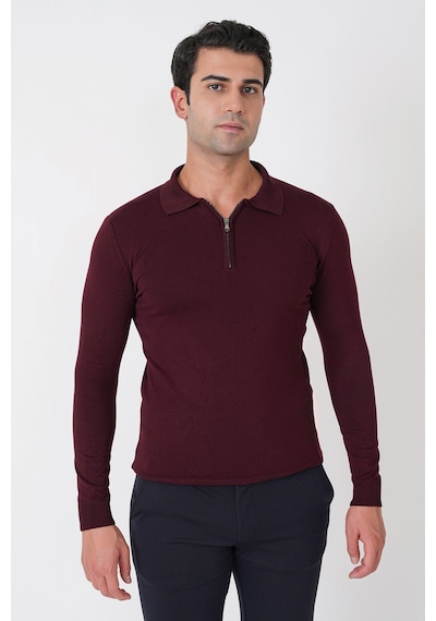 Slim Fit Esnek Pamuklu Fermuarlı Polo Yaka Bordo Triko Tr 902