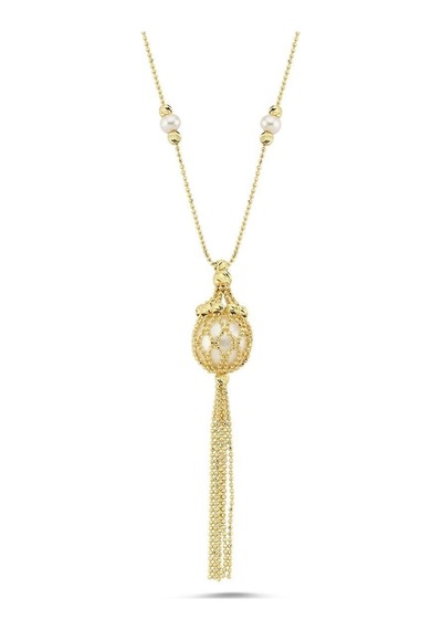 5 Mm Doğal İnci Püsküllü Kolye Gold