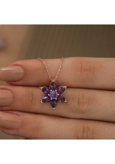 925 Ayar Gümüş Rose Mor Çiçek Kolye