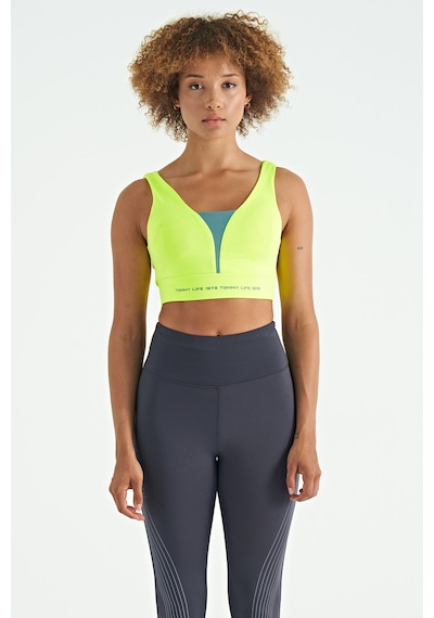 Tommy Life Neon Sarı Yazı Baskılı Renk Bloklu Dar Kalıp Dalgıç Kumaş Kadın Büstiyer - 97271 Neon Sarı