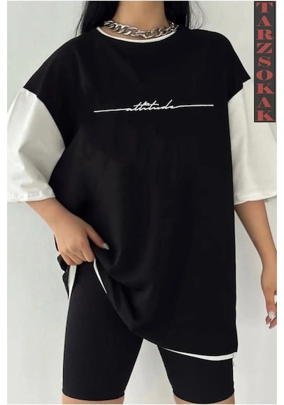 Startmore Siyah Oversize Çift Renk Attiude Baskılı Unisex Tshirt Beyaz