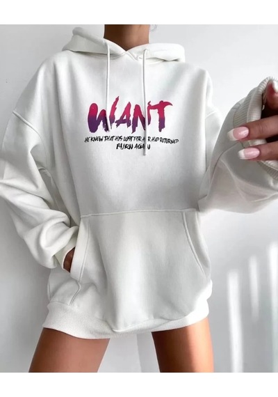 Zenna Tarz Baskılı Üç İplik Kapüşonlu Oversize Sweatshirt - Beyaz