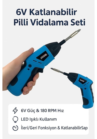6v Pilli Tornavida Seti 180 Rpm Güçlü Vidalama, Led Aydınlatmalı, Katlanabilir Ergonomik Gövde, İleri-geri Ayar