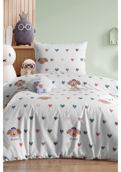 Eponj Home Tek Kişilik Pamuklu Nevresim Takımı 3 Parça Puppy Desen Beyaz / Yumuşak Dokulu Beyaz