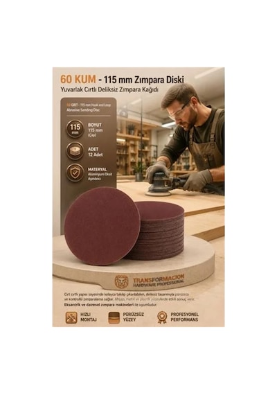 12 Adet 60 Kum Yuvarlak Cırtlı Zımpara Diski 115 Mm Deliksiz Zımpara Kağıdı 723215 Str-mn346
