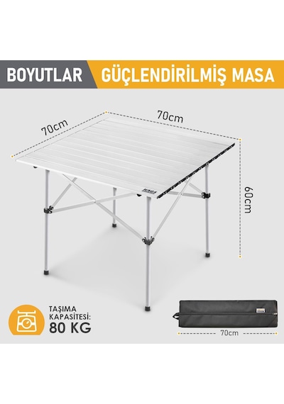 Kamp Masası, Güçlendirilmiş Alüminyum Katlanabilir Outdoor Masa, Piknik Masası, Menteşeli Siste Gümüş