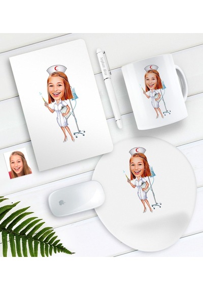 Kişiye Özel Hemşire Karikatürlü Defter Kalem Kupa Mouse Pad Seti-2