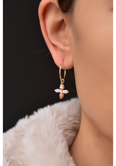 Papatya Silver 925 Ayar Gümüş Gold Kaplama Pembe Zirkon Taşlı Plumeria Halka Küpe