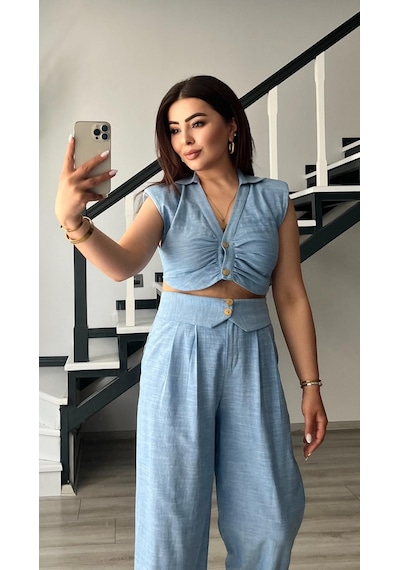 Bebe Mavi Omuz Vatka Detaylı Crop Bluz - Pantolon Takım Bebe Mavi