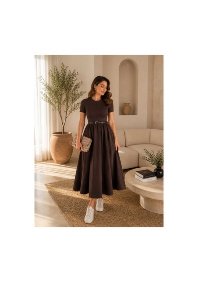 Unika Boutique Kadın Kemerli Poplin Midi Elbise Kahverengi