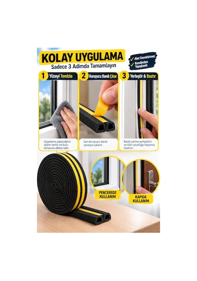 Siyah Kapı Pencere Yalıtım Bandı 10 Metre, Kendinden Yapışkanlı Çift Kanallı Pvc İzolasyon Fitili, R