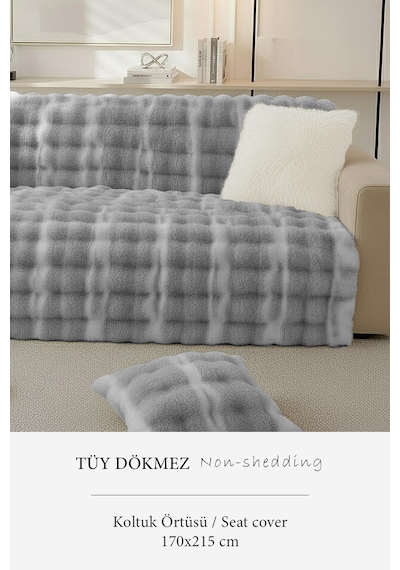 Lüks Kürklü Koltuk Örtüsü 170x215 Cm Yumuşak Peluş Kaymaz Taban Kanepe Örtüsü Gri Krem Gri - Krem