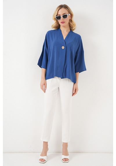 Bigdart Kadın Kısa Kol Oversize Kimono 5969 - İndigo
