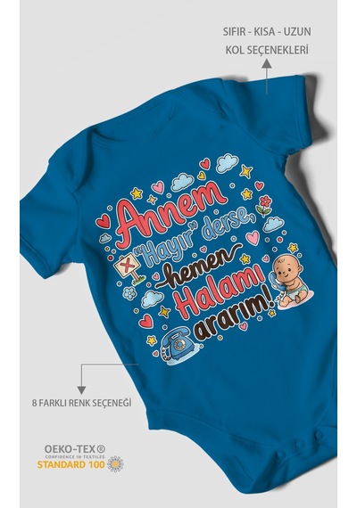 Morivokids Annem Hayır Derse Hemen Halamı Ararım Kısa Kollu Bebek Body %100 Pamuk Koyu Mavi
