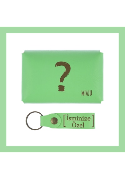 Miaju Fıstık Yeşil, Soru İşareti Desenli, İsme Özel, Cüzdan Ve Anahtarlık Set, Manidar Hediyelik Sevenlere Fıstık Yeşil