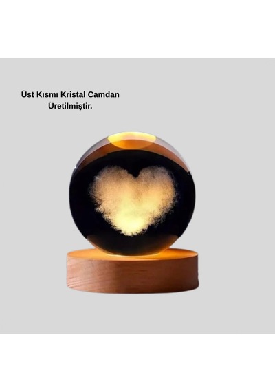 Kalp Figürlü Kristal Cam Küre Usb Işıklı Ahşap Tabanlı Dekoratif Obje