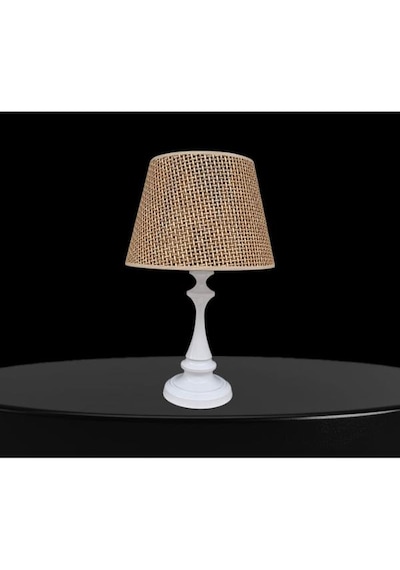 Faro Metal Abajur Beyaz Statik Boyalı Kahverengi Rattan Şapkalı Beyaz