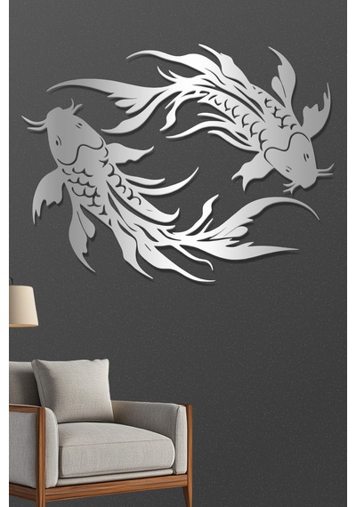 Koi Balıkları Metal Duvar Tablosu - Metal Duvar Sanatı - Gümüş - 30 X 23 Cm