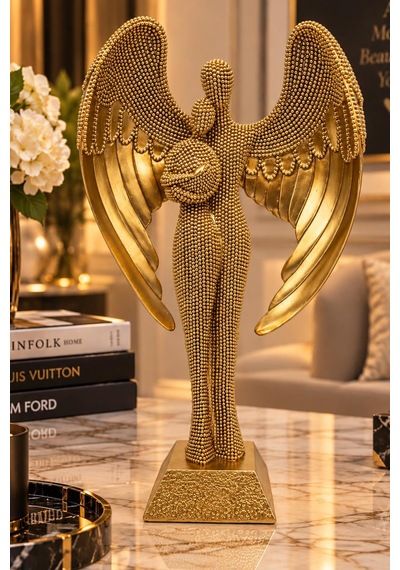 Altın Kanatlı Melek Figürü Dekoratif Biblo Masaüstü Obje 14x25 Cm 1-18