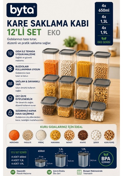 Eko 12'li Kare Erzak Saklama Kabı Seti 4x650 Ml + 4x1,3 L + 4x1,9 L Kapaklı Plastik Gıda Saklama Kabı Şeffaf Mutfak Düzenleme Seti Şeffaf