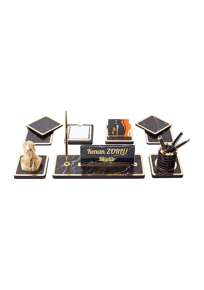 Mermer Desen 9 Parça Ahşap Masa İsimliği Atatürk Biblolu İsimlik