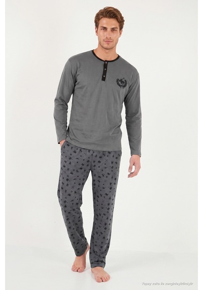 Buratti Desenli Pamuklu Düğmeli Bisiklet Yaka Pijama Takımı Erkek Pijama Takımı 6575002 Füme