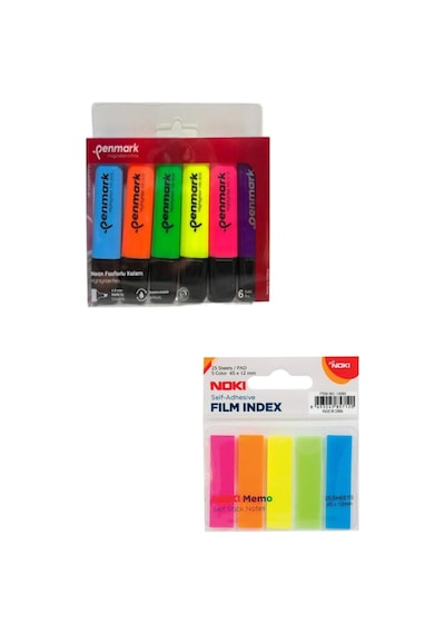 6lı Neon Fosforlu Kalem + 5li Ayraç Çok Renkli1