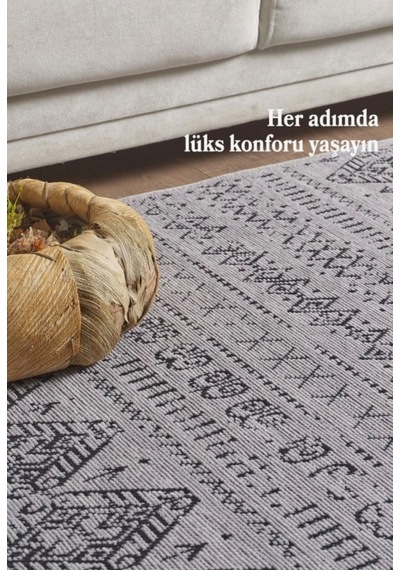 Bohem Tarz Dekoratif Pamuk Taban Şönil Kilim Gri Renk Halı