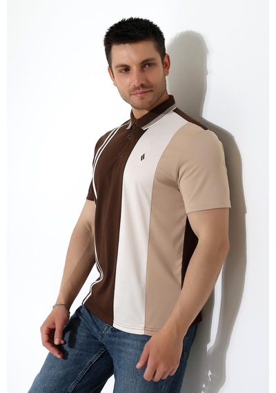 Rıbana Classıc Erkek Çizgili Şerit Detaylı Pamuklu Polo Yaka T-shirt Kahverengi