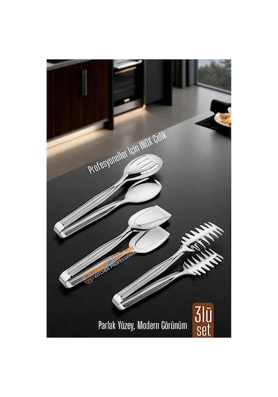 Zenvac 3 Lü İnox Çelik Mutfak Maşa Seti - Makarna Pasta Salata Çok Amaçlı Maşa 3 Lü Set 722225 Zenvac29