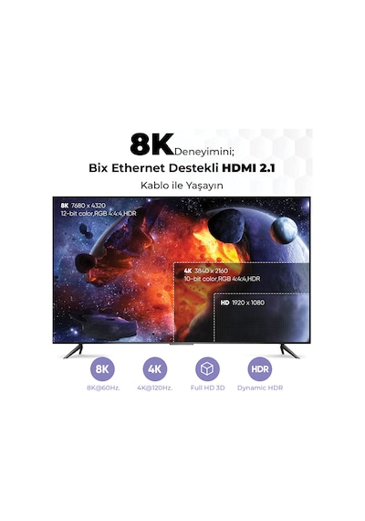 Bix Premium 8K@60Hz 4K@120Hz eARC Yüksek Hızlı HDMI 2.1 Kablo 3 M