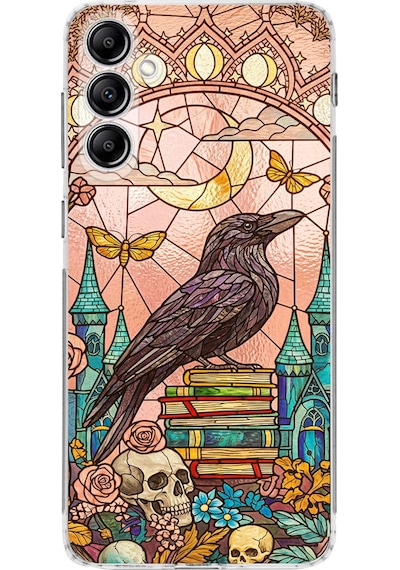 Printify Samsung Galaxy A14 İle Uyumlu Vitray Bilge Kuzgun Tasarımlı Şeffaf Silikon Kılıf Şeffaf