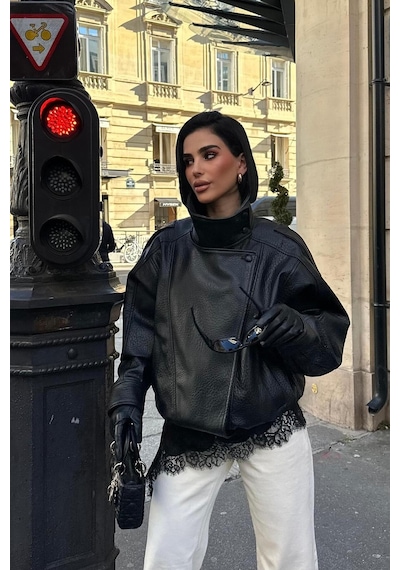 Candybia Kadın Zr Model Dik Yaka Fermuarlı Deri Ceket Siyah Siyah