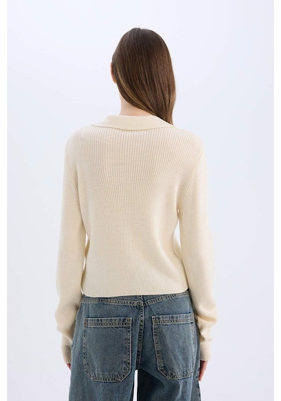 DeFacto Coool Slim Fit Dar Kesim Polo Yaka Crop Triko Kazak X4929AZ25SPER103 Ekru
