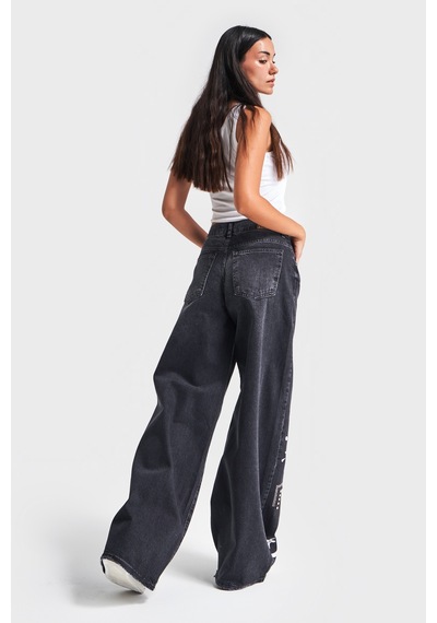 Itsbasic Kadın Koyu Füme Renk Hera Baskılı Parlak Taşlı Palazzo Fit Tasarım Denim Jean Taşlı Koyu Füme