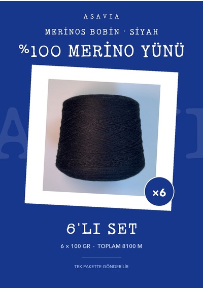 Asavia Merinos Bobin Örgü İpi 6'lı Set 6 X 100 Gr %100 Merino Yünü Siyah