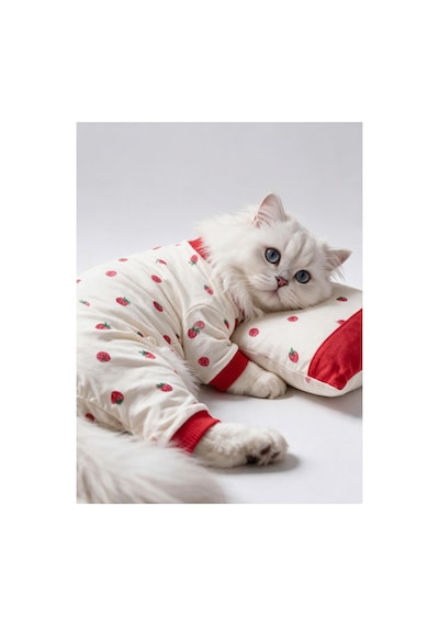 Tatlı Çilek Kedi Uyku Seti Penye Kedi Tulum Ve Mini Yastık Takımı Pamuklu Tüy Dökülmesini Azaltır