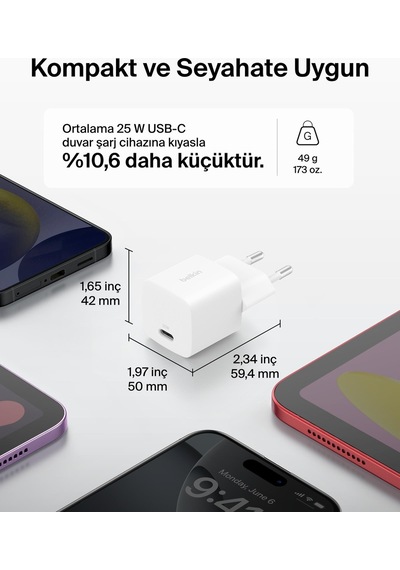Belkin Wca012kq1mwh-b6 Boostcharge 25w Usb-c Hızlı Şarj Adaptörü + Usb-c To Usb-c Kablo 1m - Beyaz