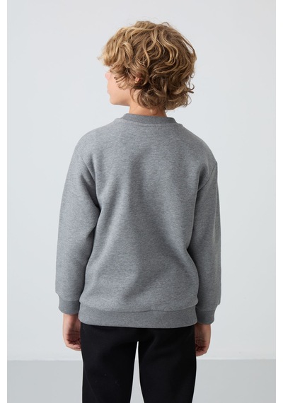 Tommylife Gri Melanj Pamuklu Kalın İçi Tüylü Standart Fit Baskılı Erkek Çocuk Sweatshirt - 11216