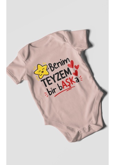 Morivokids Benim Teyzem Bir Başka Kısa Kollu Bebek Body %100 Pamuk Pastel Pembe