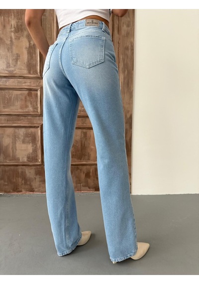 Kadın Straight Yüksek Bel Boru Paça Kot Pantolon Açık Mavi Mavi+açık Mavi