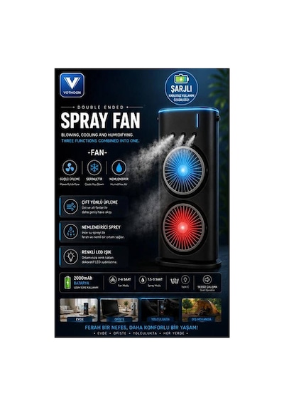 Çift Başlıklı Sprey Fan Nemlendirici Ve Renkli Led Işıklı Siyah Evimdeyokyok