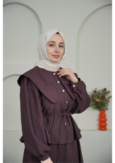 Neşeli Butik Kadın Bordo Pelerin Yaka Etekli Tesettür Takım Nbvq3134